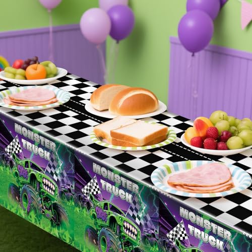 3-Pack Wakeys Monster Truck Tablecloths – Purple & Green Glitter, 54x108 Inch Plastic Disposable Rectangle Party Covers