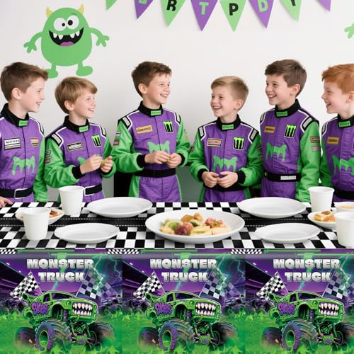 3-Pack Wakeys Monster Truck Tablecloths – Purple & Green Glitter, 54x108 Inch Plastic Disposable Rectangle Party Covers