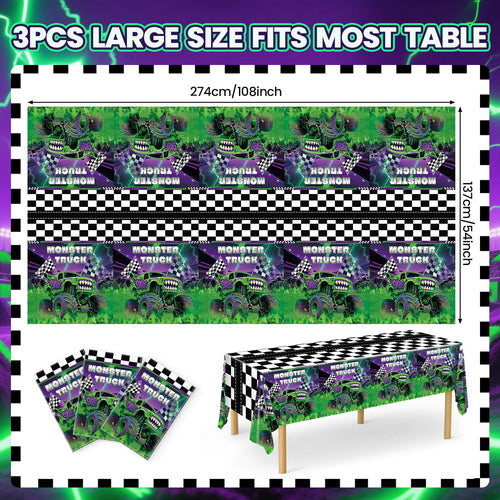 3-Pack Wakeys Monster Truck Tablecloths – Purple & Green Glitter, 54x108 Inch Plastic Disposable Rectangle Party Covers