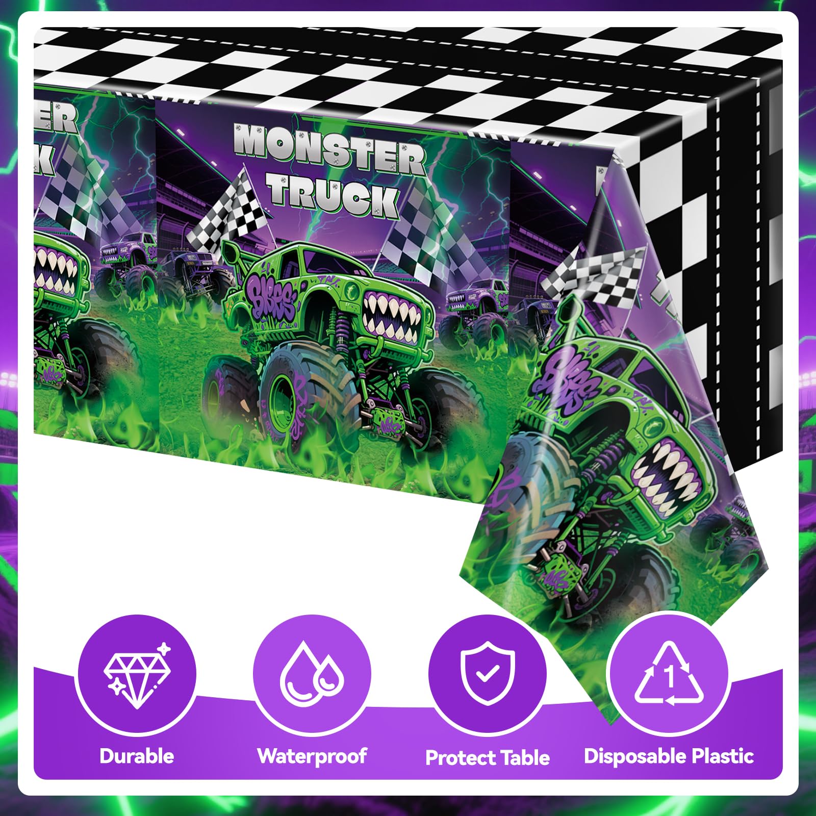 3-Pack Wakeys Monster Truck Tablecloths – Purple & Green Glitter, 54x108 Inch Plastic Disposable Rectangle Party Covers