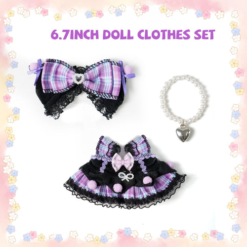 3-Piece 17cm Doll Outfit Set: Dress, Bow Clips & Necklace – Floral Lace Design