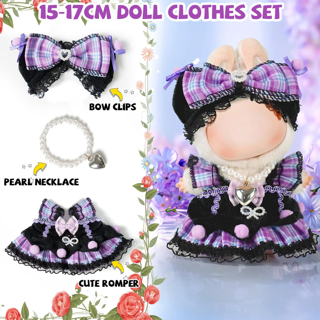 3-Piece 17cm Doll Outfit Set: Dress, Bow Clips & Necklace – Floral Lace Design
