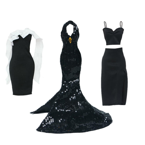 3-Piece Black Doll Wedding Dresses for 11.5 Inch Dolls - Handmade Sequins Gown, Off-Shoulder Dress & Skirt Set by BJDBUS