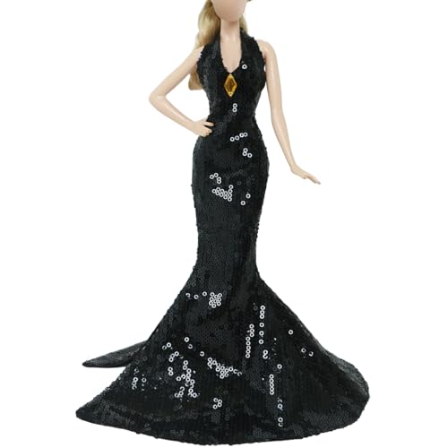 3-Piece Black Doll Wedding Dresses for 11.5 Inch Dolls - Handmade Sequins Gown, Off-Shoulder Dress & Skirt Set by BJDBUS