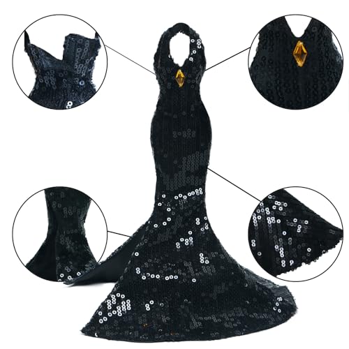 3-Piece Black Doll Wedding Dresses for 11.5 Inch Dolls - Handmade Sequins Gown, Off-Shoulder Dress & Skirt Set by BJDBUS