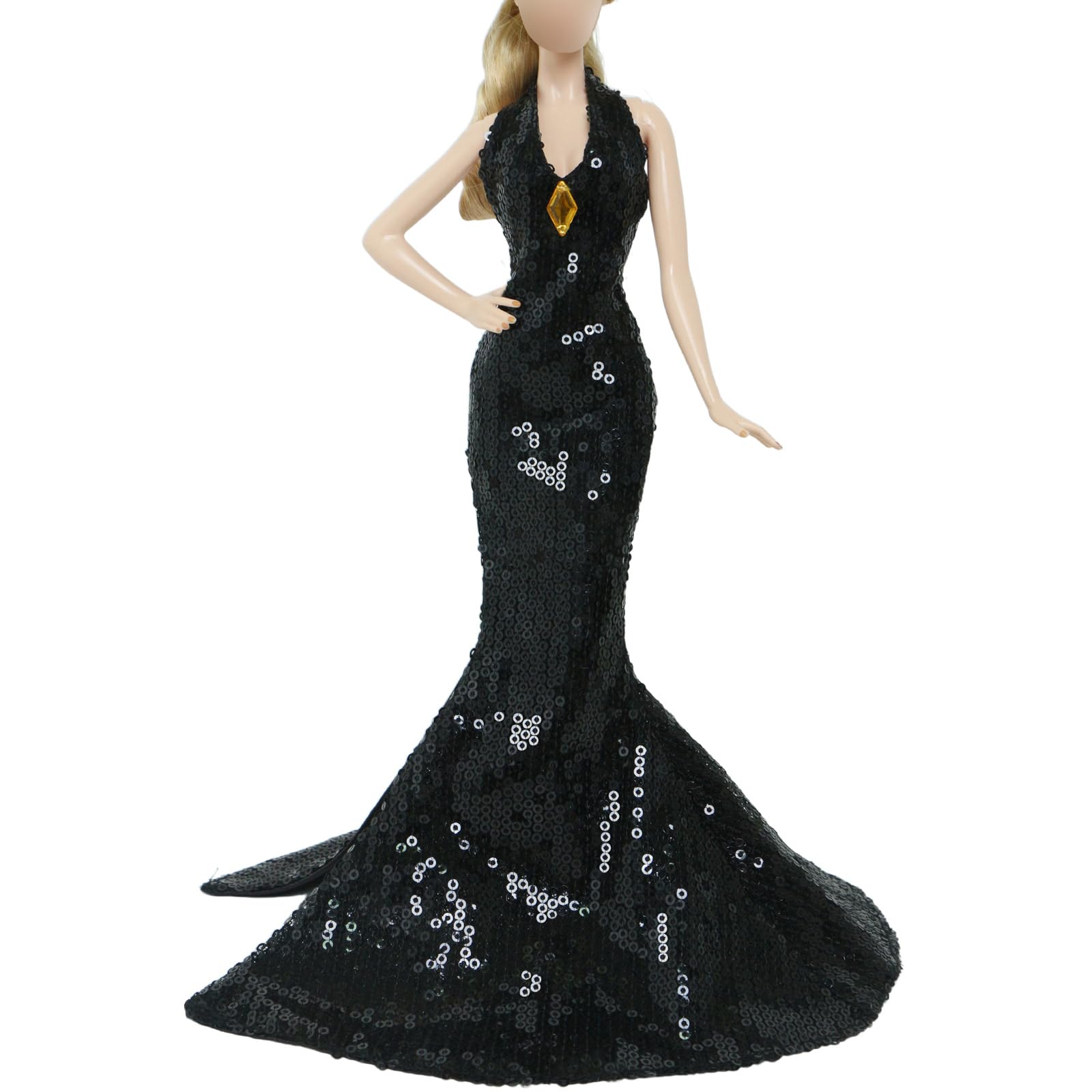 3-Piece Black Doll Wedding Dresses for 11.5 Inch Dolls - Handmade Sequins Gown, Off-Shoulder Dress & Skirt Set by BJDBUS