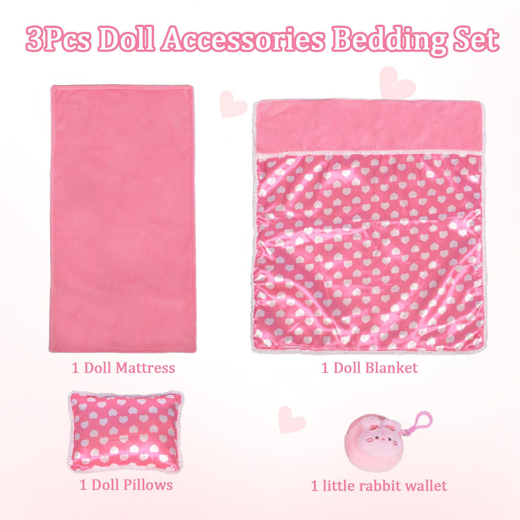 3-Piece Doll Bedding Set with Blanket, Pillow, Mattress & Rabbit Wallet – Fits 16-18 Inch Dolls