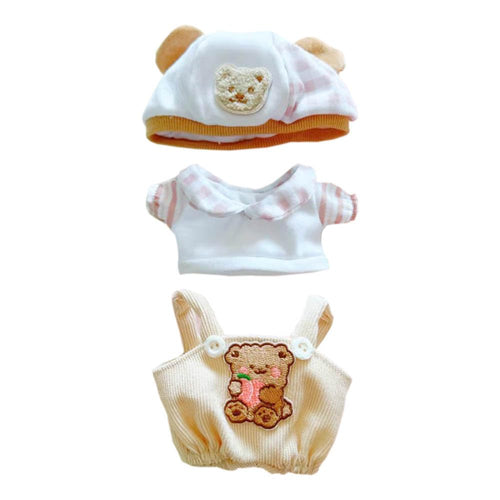 3-Piece Doll Clothes Set: Hat, T-Shirt & Overalls for 8in/20cm Plush Toys (Brown)