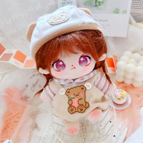 3-Piece Doll Clothes Set: Hat, T-Shirt & Overalls for 8in/20cm Plush Toys (Brown)