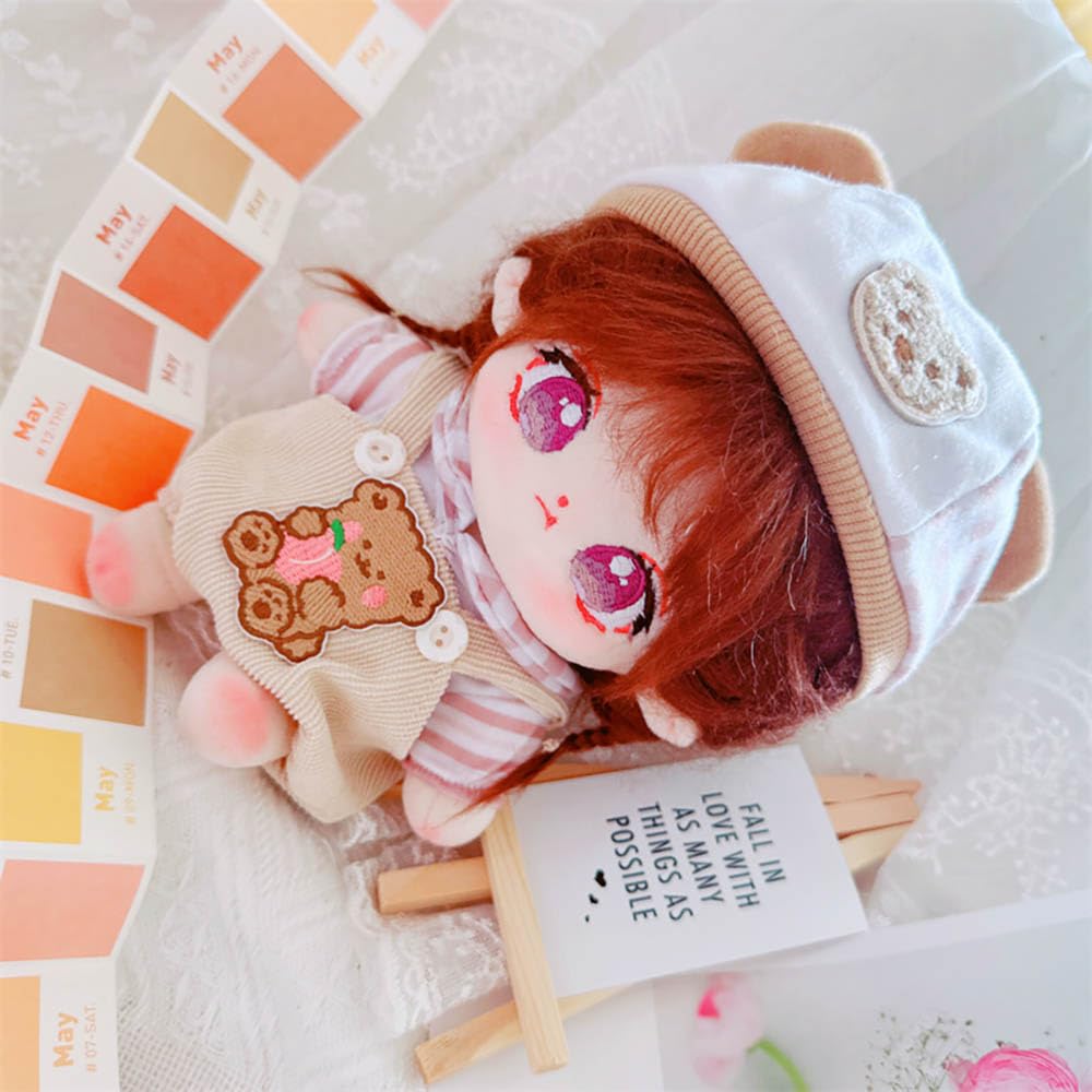 3-Piece Doll Clothes Set: Hat, T-Shirt & Overalls for 8in/20cm Plush Toys (Brown)