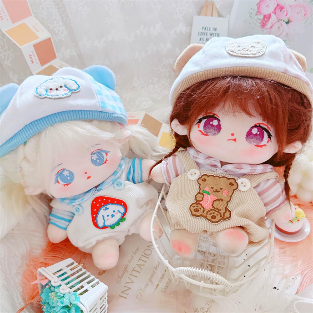 3-Piece Doll Clothes Set: Hat, T-Shirt & Overalls for 8in/20cm Plush Toys (Brown)