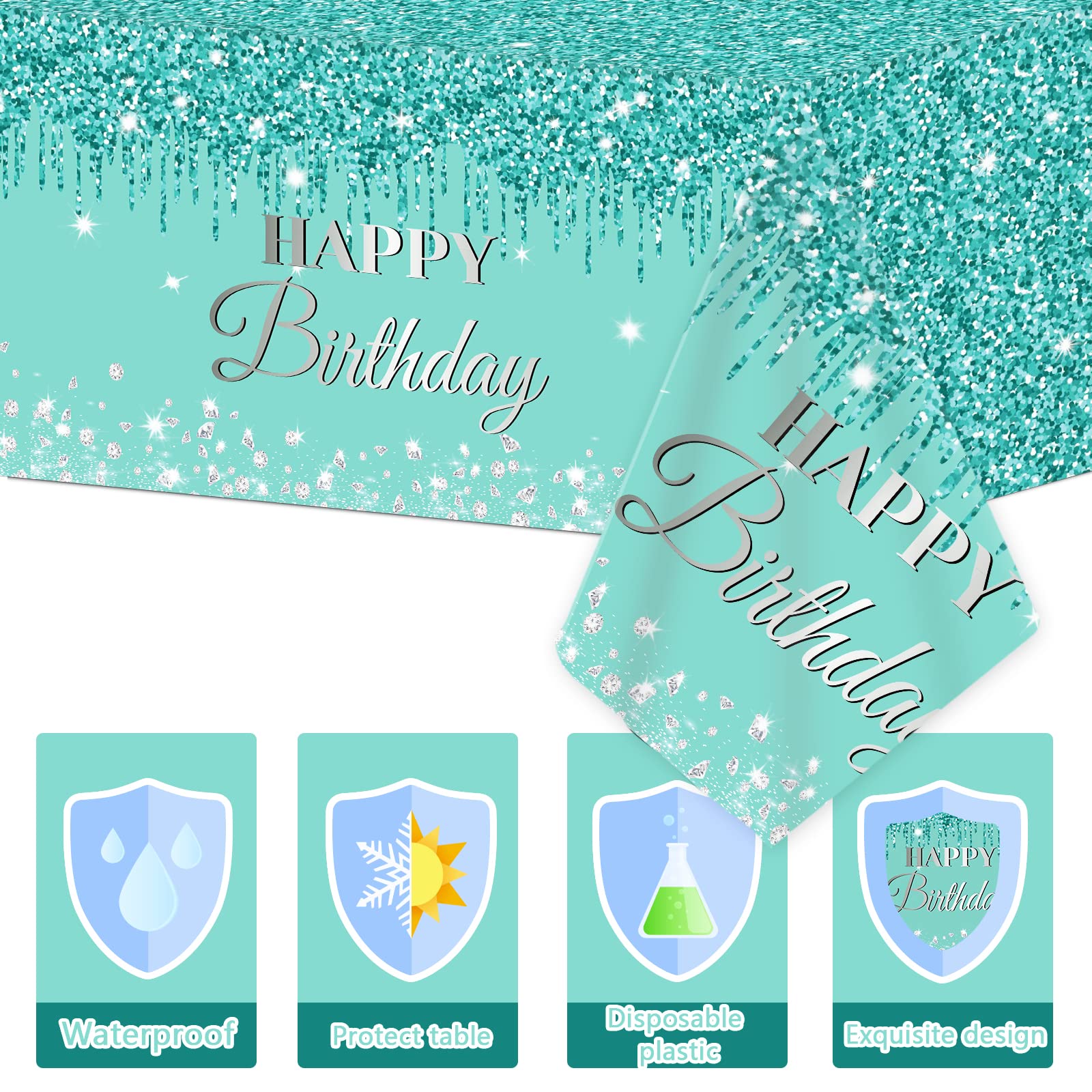3 Teal & Silver Birthday Tablecloths – Plastic Disposable 54x108 Inches by ZOIIWA