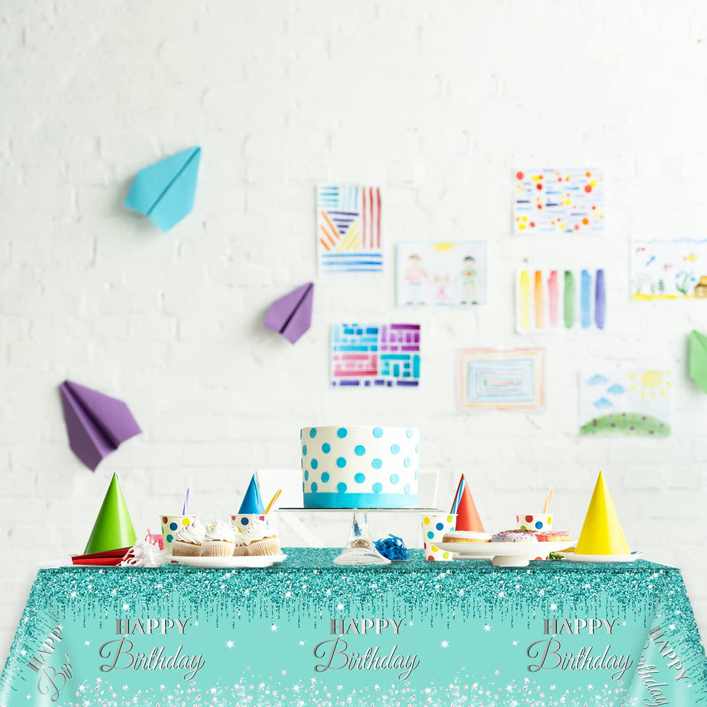 3 Teal & Silver Birthday Tablecloths – Plastic Disposable 54x108 Inches by ZOIIWA