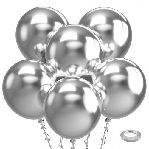 30-Pack 18-Inch Metallic Silver Balloons by Bezente – Large Chrome Latex with Ribbon for Weddings, Birthdays, and Graduations