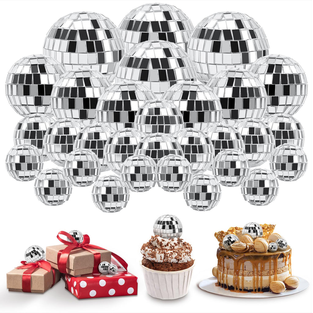 30 Pack Disco Ball Cake Toppers - Silver Mirror Balls for 70s Retro Theme Parties (4 Sizes)
