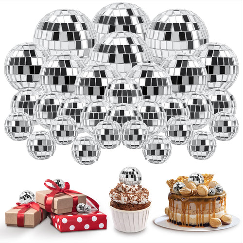30 Pack Disco Ball Cake Toppers - Silver Mirror Balls for 70s Retro Theme Parties (4 Sizes)