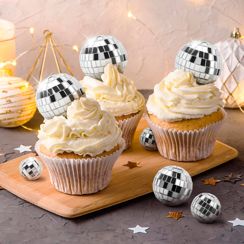 30 Pack Disco Ball Cake Toppers - Silver Mirror Balls for 70s Retro Theme Parties (4 Sizes)
