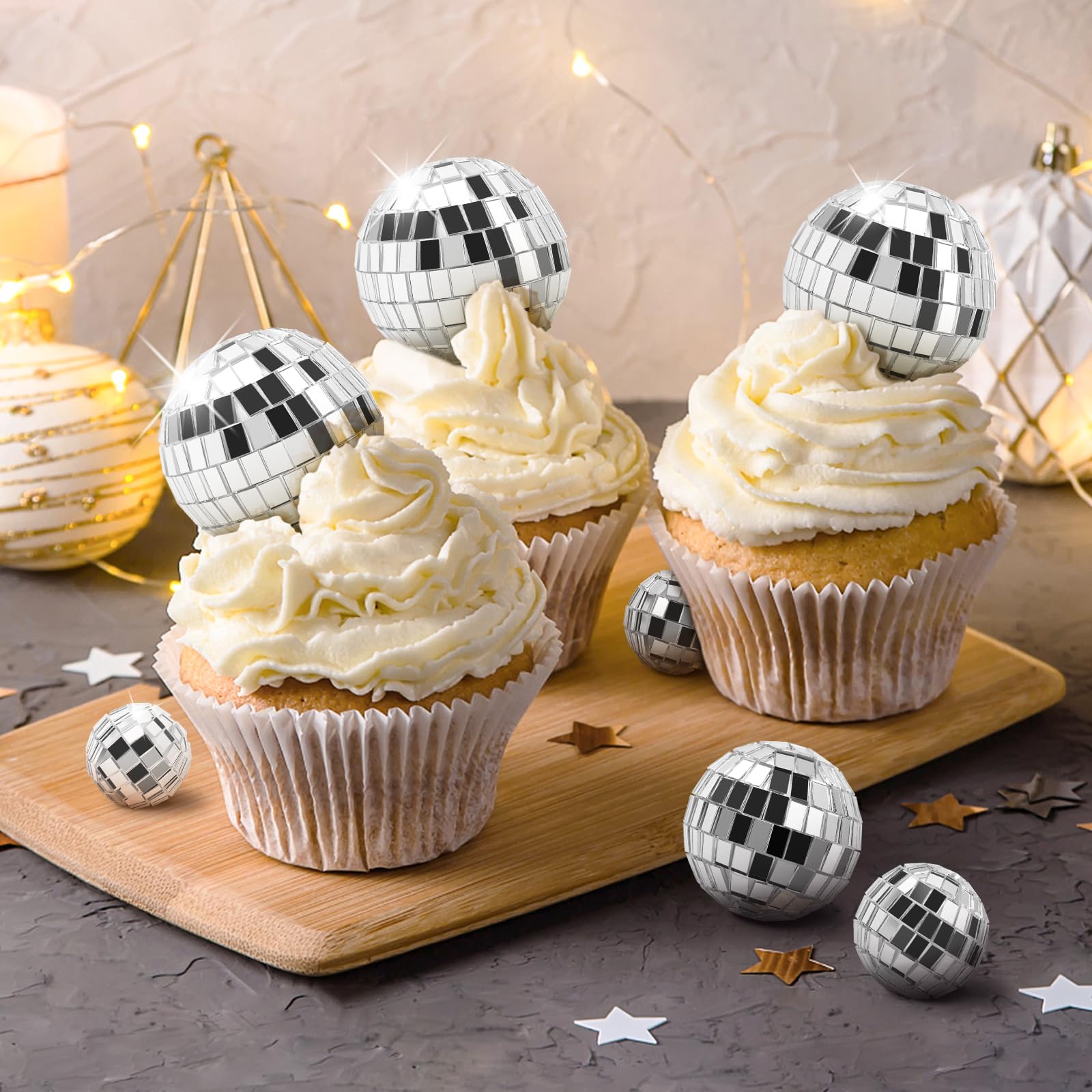 30 Pack Disco Ball Cake Toppers - Silver Mirror Balls for 70s Retro Theme Parties (4 Sizes)
