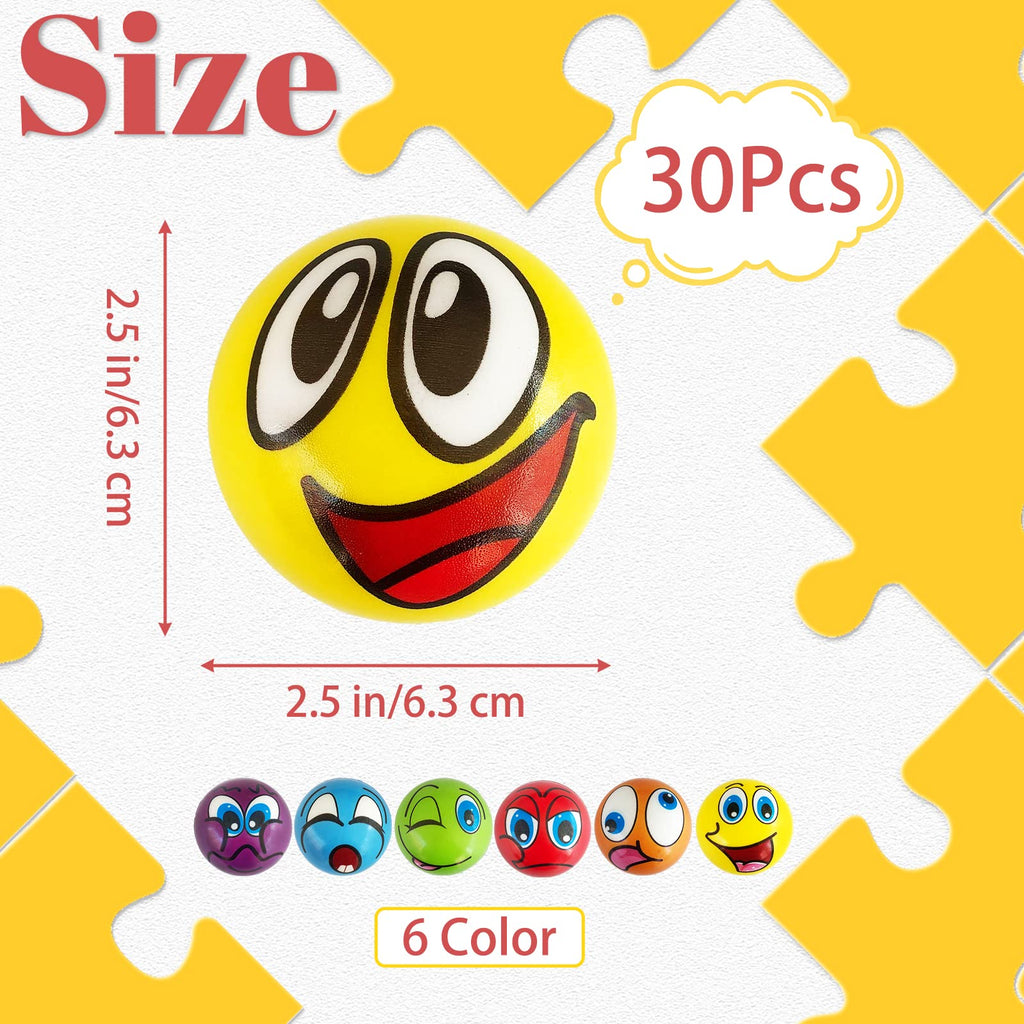 30 Pack Funny Face Stress Balls – 2.5 Inch Squeeze Balls with 16+ Emotion Expressions, Foam Stress Relief Toys for Hand Wrist Exercises, Party Favors & Goodie Bags