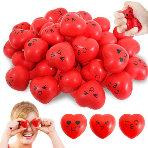 30-Pack Mini Heart Stress Balls with Smiley Faces - 1.5 Inch Foam Squeeze Toys for Party Favors, Classroom Prizes