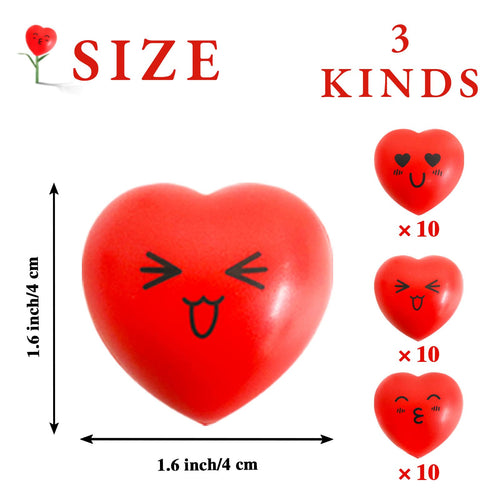 30-Pack Mini Heart Stress Balls with Smiley Faces - 1.5 Inch Foam Squeeze Toys for Party Favors, Classroom Prizes