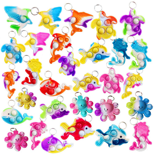 30-Pack Mini Ocean Animal Fidget Toys – Silicone Shark, Dolphin, Turtle, Octopus, Fish & Mermaid Keychain Decor for Party Favors, Classroom Prizes & Teacher Gifts