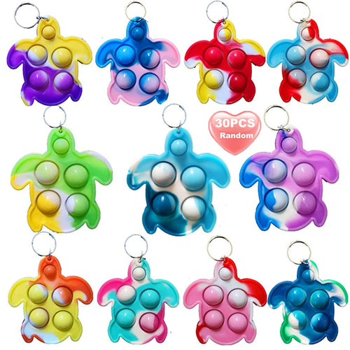 30-Pack Rainbow Turtle Pop Fidget Keychain Toys – Bulk Set for Kids, Party Favors, Stress Relief