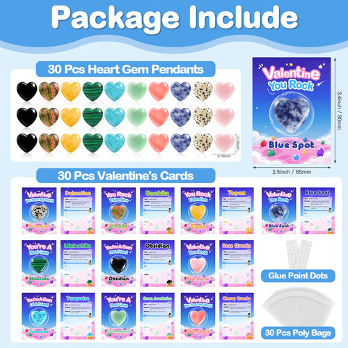 30 Pack Valentine Hearts Gemstones Cards Goodie Bags for Kids School Exchange