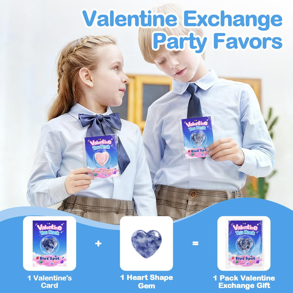 30 Pack Valentine Hearts Gemstones Cards Goodie Bags for Kids School Exchange