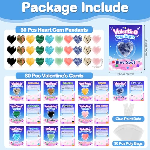 30 Pack Valentine Hearts Gemstones Cards Goodie Bags for Kids School Exchange