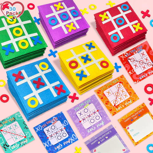 30 Pack Valentine's Day Cards with Tic Tac Toe Board Games for Kids Classroom Exchange