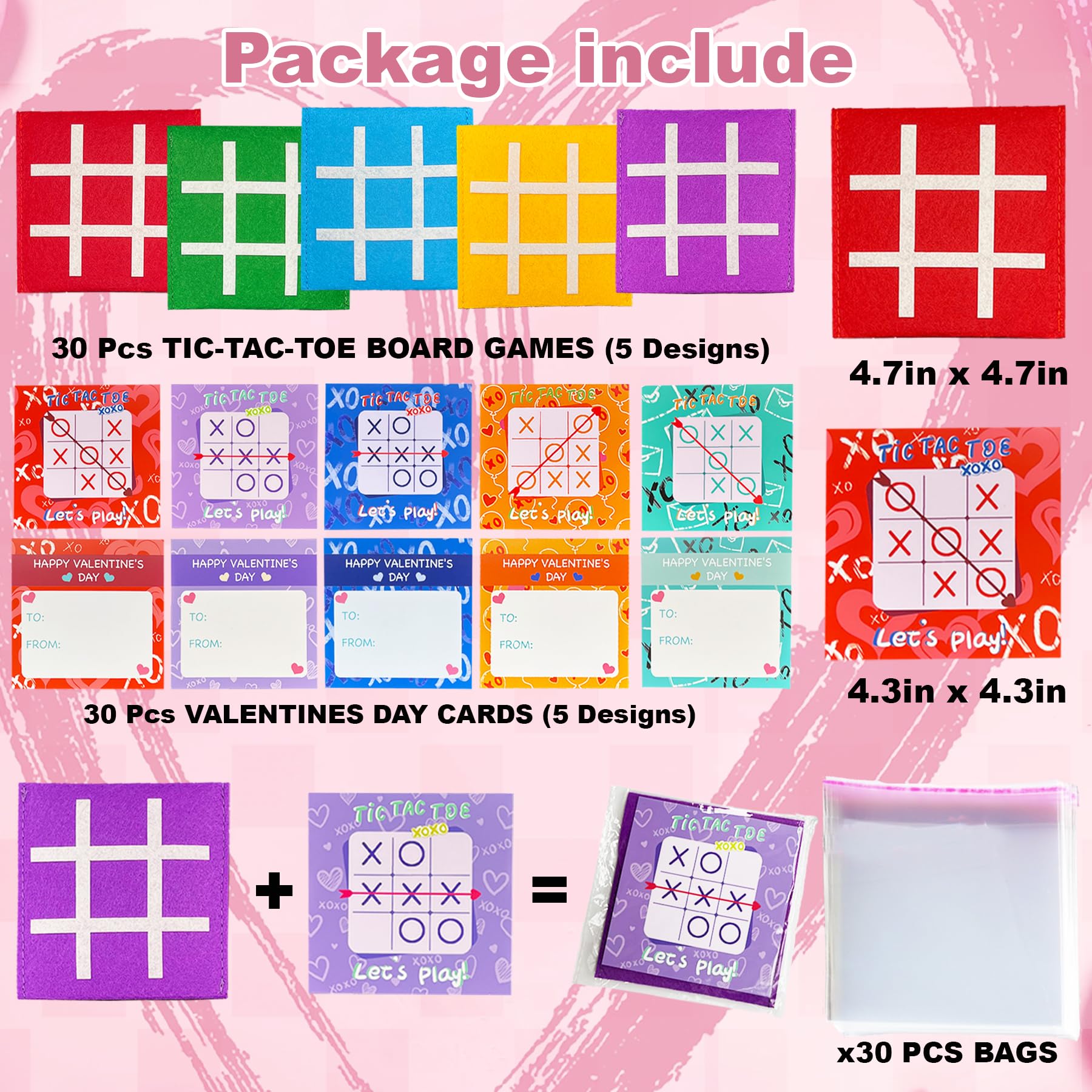 30 Pack Valentine's Day Cards with Tic Tac Toe Board Games for Kids Classroom Exchange