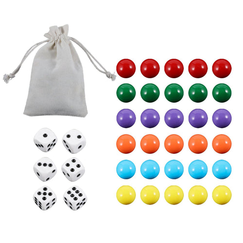 30-Piece 14mm Replacement Marbles Set for Wahoo and Aggravation Board Games – Includes 6 Dice and Storage Bag
