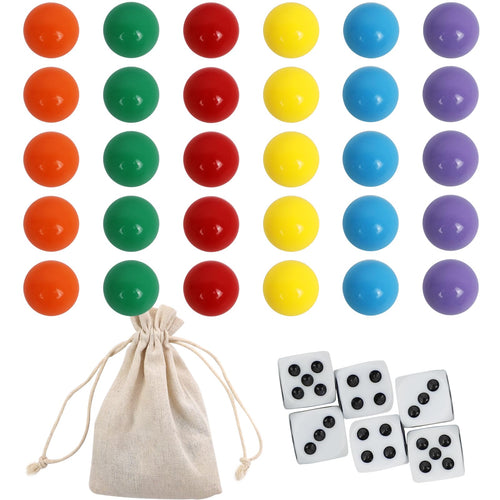 30-Piece 18mm Wahoo Marbles Set with 6 Dice and Pouch – 5 Each of 6 Colors for Board Games