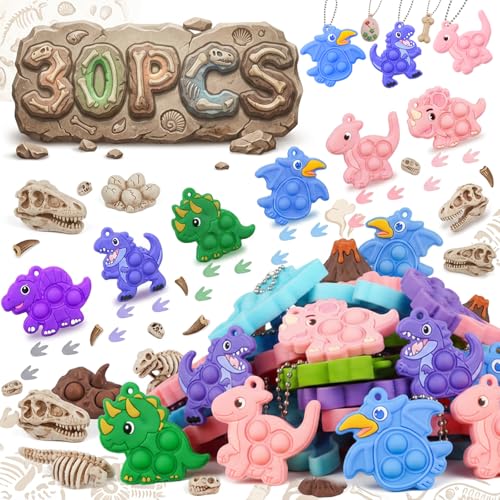 30-Piece Dinosaur Pop Keychain Fidget Toy Bulk Set - BicMan