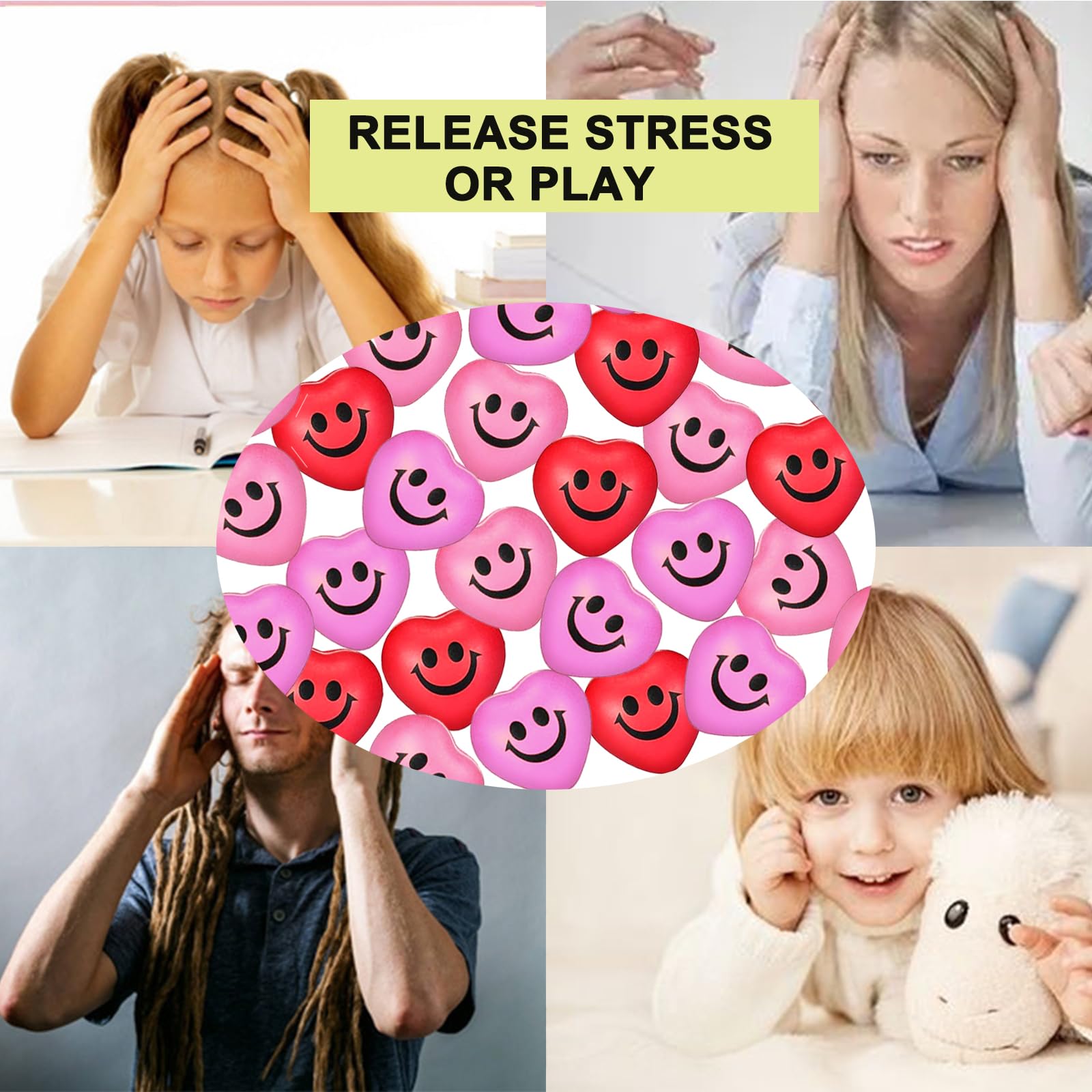 30-Piece Heart Stress Balls – Mini Smile Squeeze Balls for Party Favors and Valentine's Day Gifts (3 Colors)