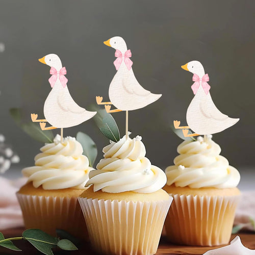 30 White Goose Cupcake Toppers with Pink Bows – Finduat Baby Shower & Birthday Cake Decorations