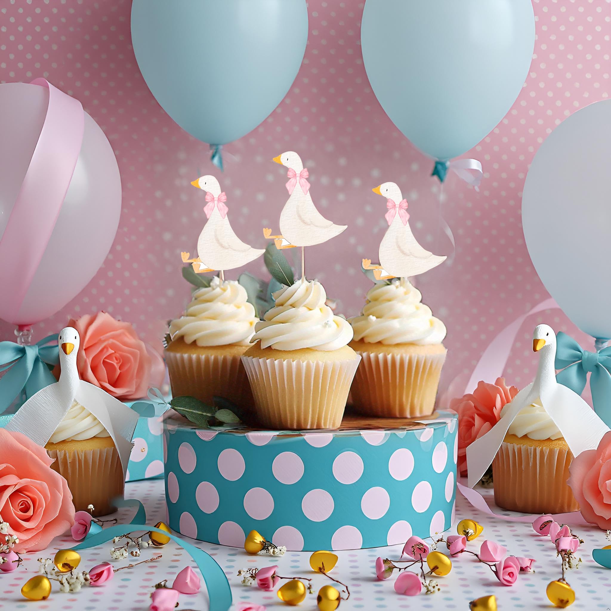 30 White Goose Cupcake Toppers with Pink Bows – Finduat Baby Shower & Birthday Cake Decorations