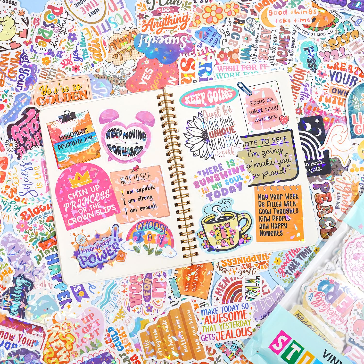 300 PCS Holographic Affirmation Stickers – Motivational Quotes for Kids, Teachers, and Classroom – Waterproof PVC Decals for Laptops, Water Bottles, and Scrapbooks