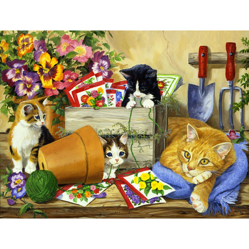 300 Piece Jigsaw Puzzle – Linda Picken Little Bloomers Cat & Kittens, 24x18 Inches, Recycled Cardboard, by KI Puzzles