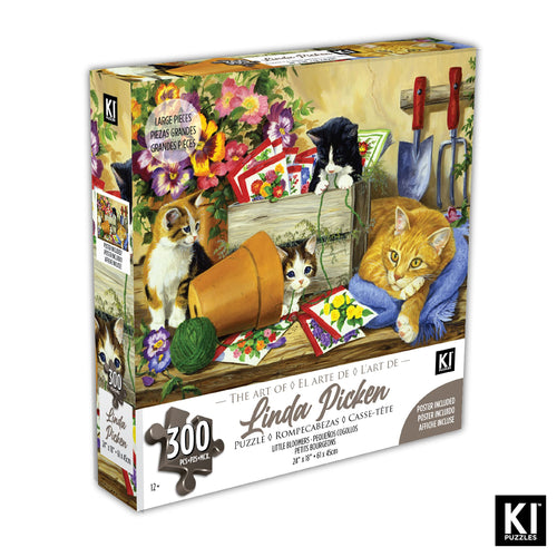 300 Piece Jigsaw Puzzle – Linda Picken Little Bloomers Cat & Kittens, 24x18 Inches, Recycled Cardboard, by KI Puzzles