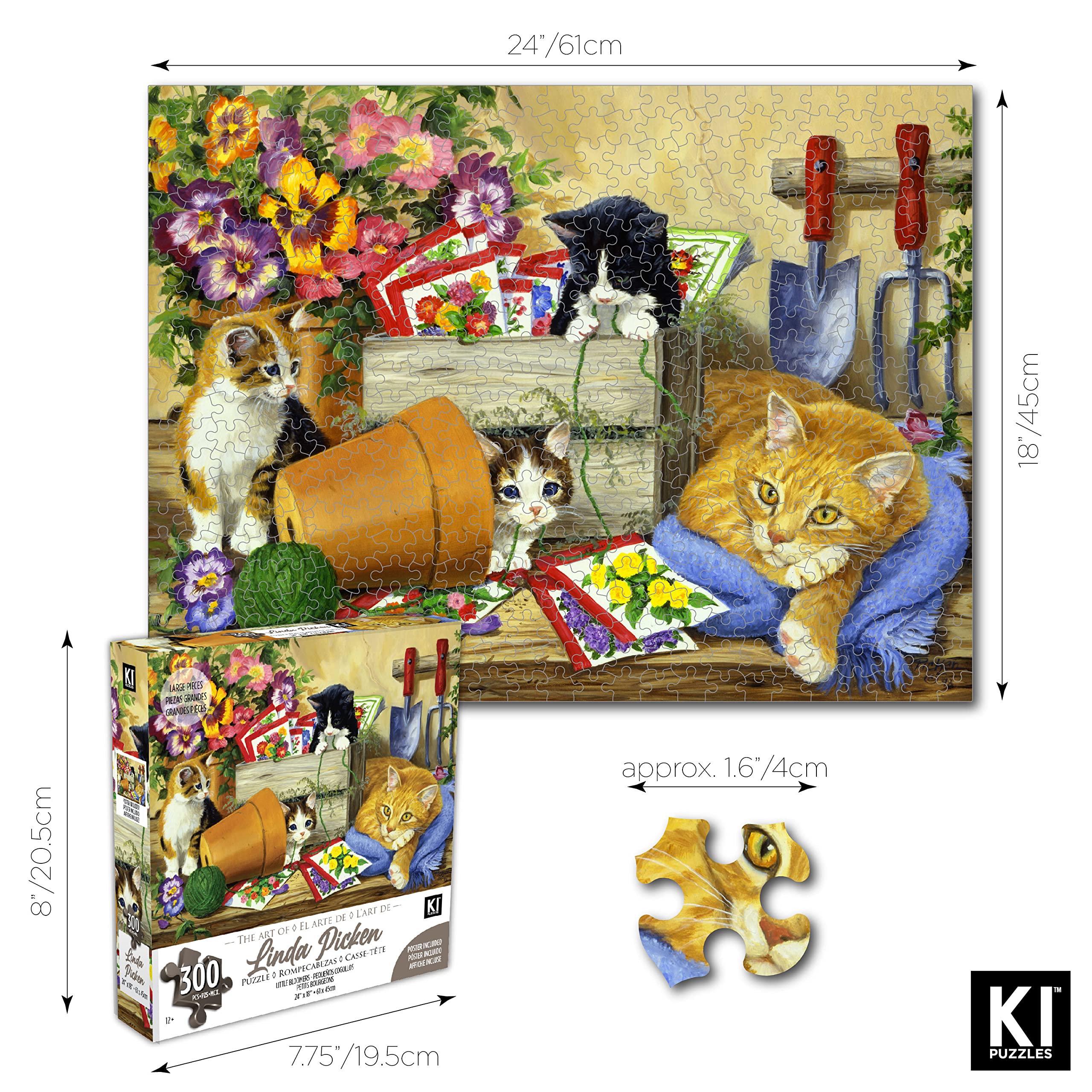 300 Piece Jigsaw Puzzle – Linda Picken Little Bloomers Cat & Kittens, 24x18 Inches, Recycled Cardboard, by KI Puzzles