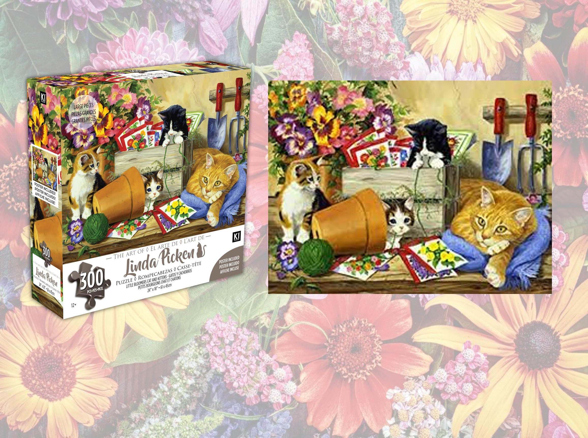 300 Piece Jigsaw Puzzle – Linda Picken Little Bloomers Cat & Kittens, 24x18 Inches, Recycled Cardboard, by KI Puzzles