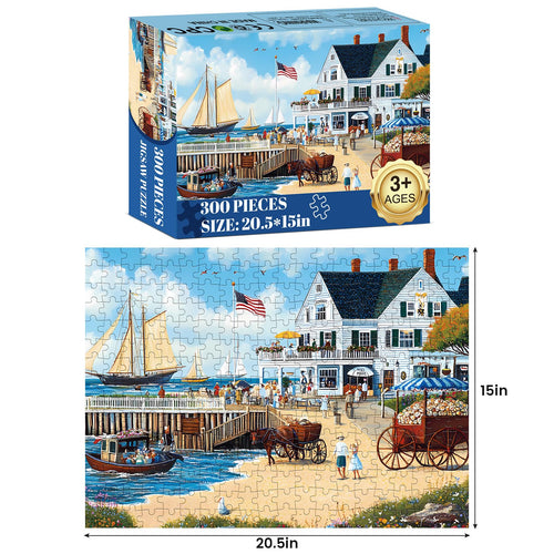 300-Piece White Villa Jigsaw Puzzle by WSCXSC – Challenging Adult Puzzle with Seaside Party Scene, 20.5x15 Inches, Recycled Cardboard