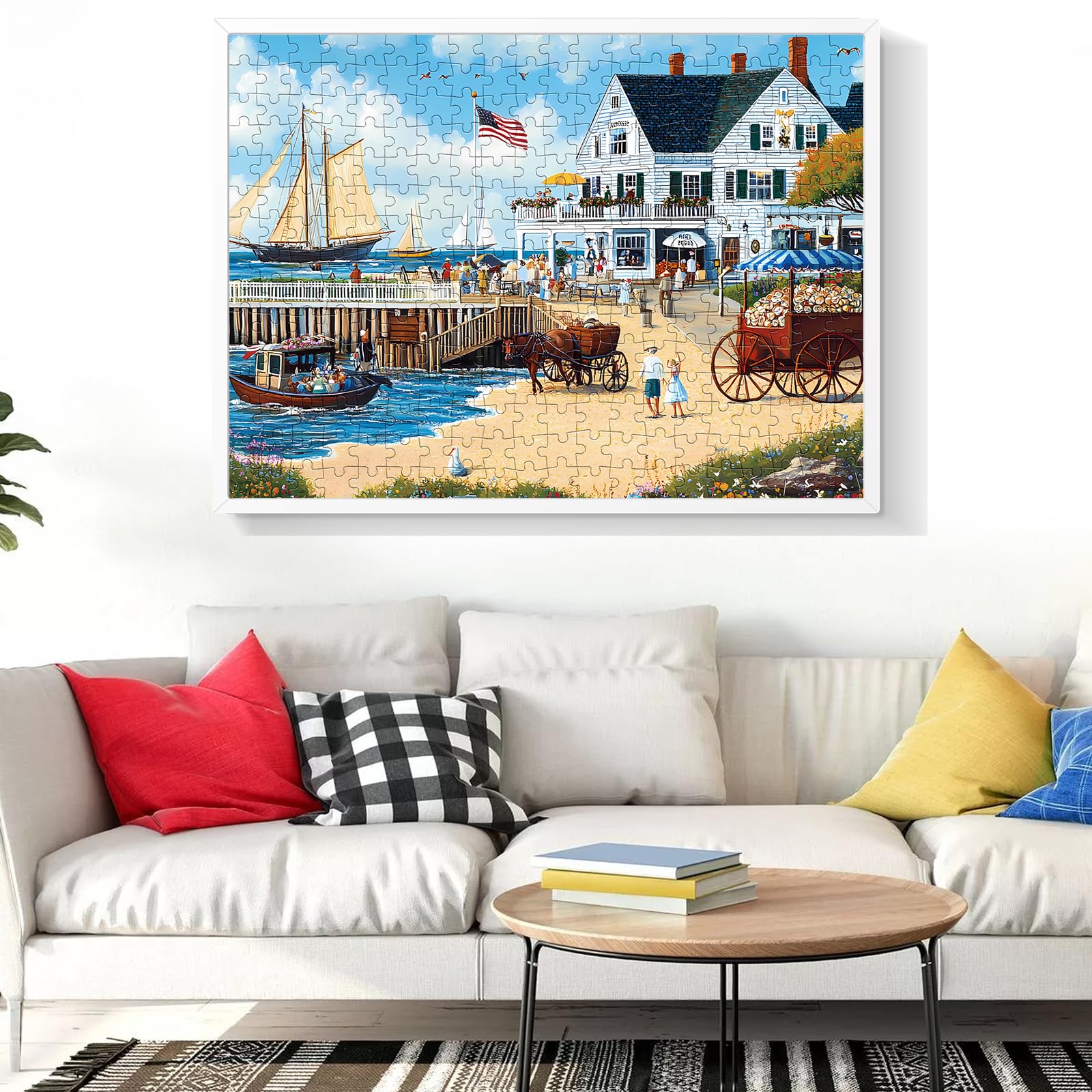 300-Piece White Villa Jigsaw Puzzle by WSCXSC – Challenging Adult Puzzle with Seaside Party Scene, 20.5x15 Inches, Recycled Cardboard
