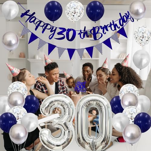 30th Birthday Decorations Kit – Blue Silver Banner, Balloons & Cake Topper for Men or Women