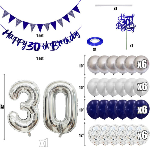 30th Birthday Decorations Kit – Blue Silver Banner, Balloons & Cake Topper for Men or Women