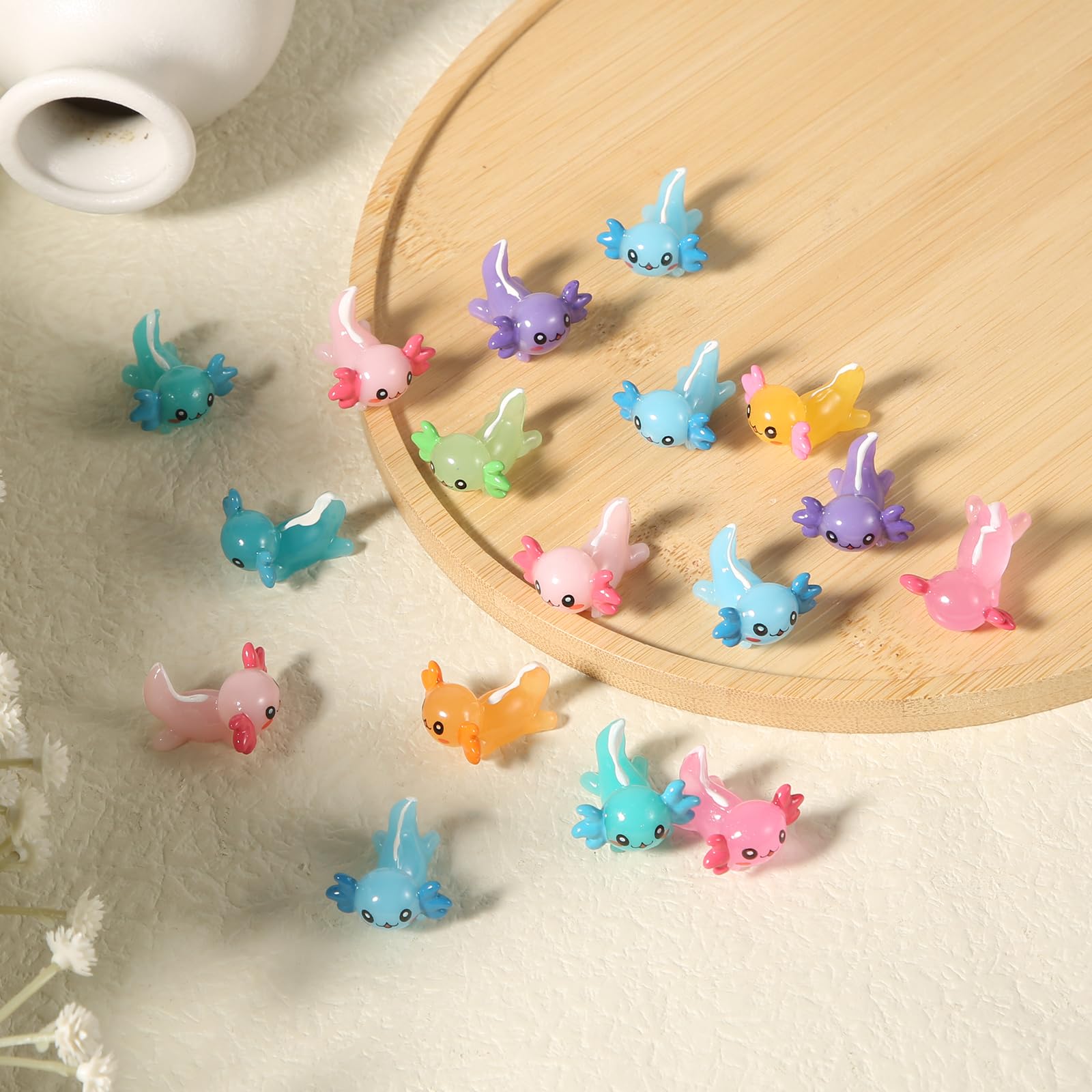 32 Mini Axolotl Figures - Resin Tiny Animal Charms for DIY Crafts, Dollhouse, Garden Decor (8 Colors)