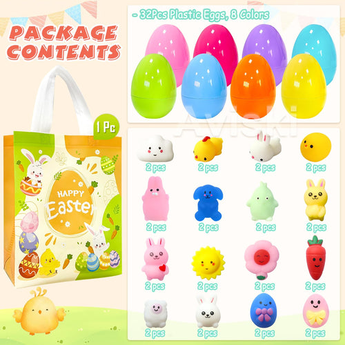 32-Pack Easter Surprise Eggs with Mochi Squishy Toys – Easter Egg Hunt Party Favors for Kids