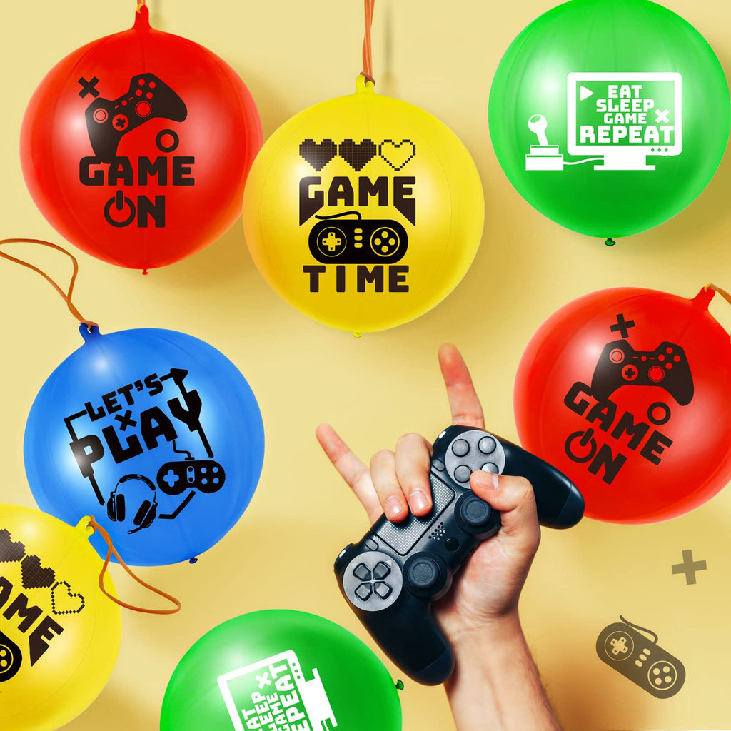 32-Pack Video Game Punch Balloons with Pixel Patterns – Deekin Party Favors (Blue, Red, Yellow, Green)